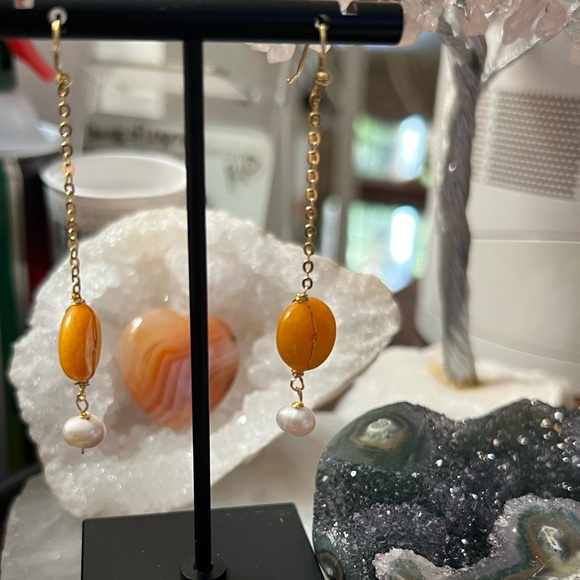 Handmade Jewelry - BNWOT Handmade 18kg over surgical stainless steel earrings w/pearl & yellow jade